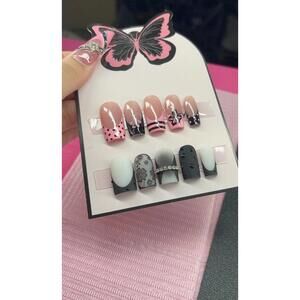 Medium and short square Press on nails black French tips polka dots flowers lace